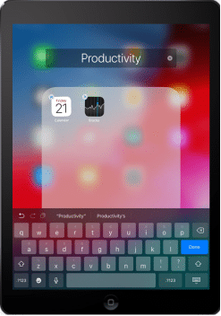 The newly created folder is named Productivity. The folder contains two apps: Stocks and Calendar.