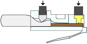 This graphic displays the two locations where the crimper pushes the two plungers down on the RJ-45 connector.