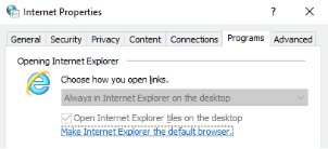 This image displays the part of the Internet Properties window where the user can make Internet Explorer as the default browser.