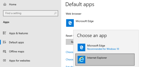 This image displays the default apps window with choose an app overlay. Within the overlay, the Internet Explorer choice is selected.