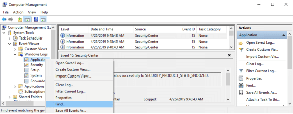 this image displays the event viewer and the options to use the find function to locate Windows defender related log entries.