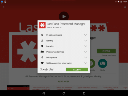 This image displays the screen to accept the App permission for the LastPass app.