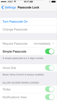 This image displays the Passcode Lock winow with avaialble passcode configuration and what can be done while the device is locked.