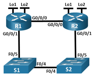 This topology has 2 routers and 2 switches. R1 has two loopback interfaces: lo 1 and lo 2. R2 has two loopback interfaces: lo 1 and lo 2. R1 G0/0/0 is connected to R2 G0/0/0. R2 G0/0/1 is connected to S2 F0/5. S2 F0/4 is connected S1 F0/4. S1 F0/5 is connected to R1 G0/0/1.