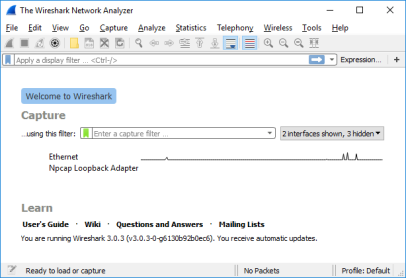 This is an image of the initial screen for Wireshark. The initial screen for Wireshark lists the interfaces and the traffic associated with the listed interfaces.