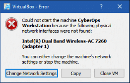 Screen shot of VirtualBox - Error Message when network adapter needs modified