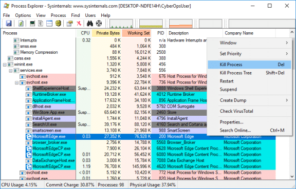 Screenshot of Process Explorer shows Microsoft Edge highlighted and the Kill Process selected. 