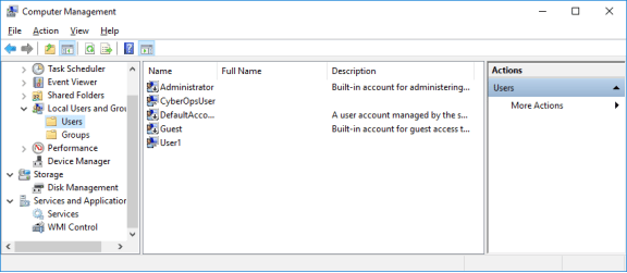 Screenshot of Computer Management showing the Users folder. 