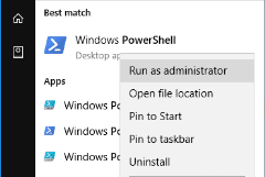 Screenshot of the Windows Powershell with Run as adminstrator option selected.