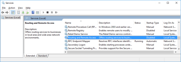 Screenshot of Services window with Routing and Remote Access selected.