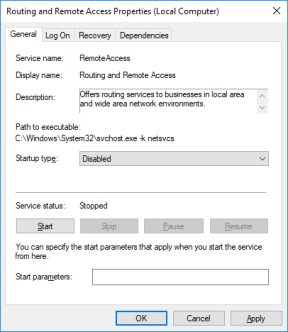 Screenshot o Routing and Remote Access properties window with Startup type disabled.