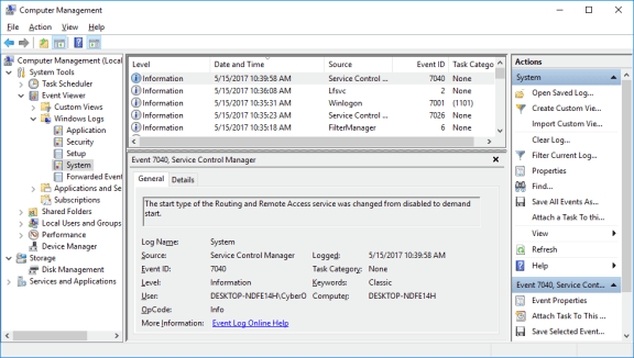 Screenshot of Computer Management window with System in Event viewer selected.