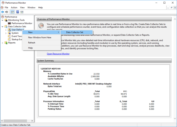 Screenshot of Performance Monitor showing User Defined selected under Data Collector Sets.