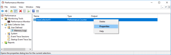 Screenshot of Performance Monitor with Properties of DataCollector01 selected.