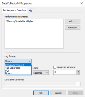 Screenshot of the DataCollector01 Properties window showing the Comma Separated option selected.