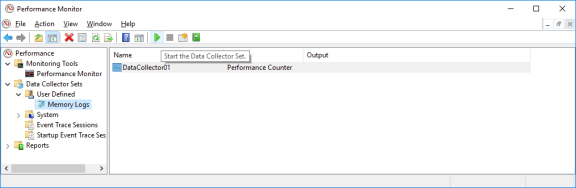 Screenshot of performance Monitor Memory Logs selected and the Start the Data Collector Set arrow clicked.