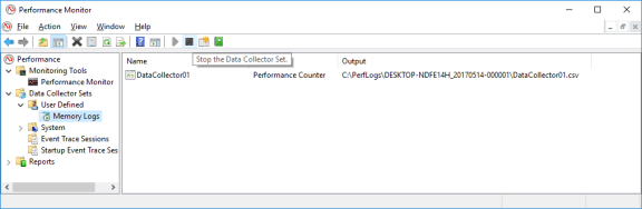 Screenshot of performance Monitor Memory Logs selected and the black square icon has been clicked to Stop the Data Collector Set.