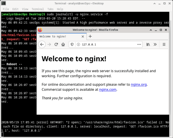 The screenshot shows a terminal window running [analyst@secOps ~]$ sudo journalctl -u nginx.service -f There is also a web browser open.