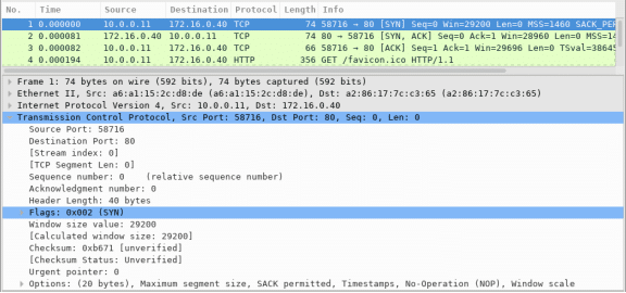 Screenshot of Wireshark capture showing packet details of the Transmission Control Protocol.