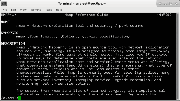 Screen shot of terminal using the nmap command to search for the word example