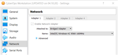 This screenshot displays the CyberOps Workstation VM network settings.