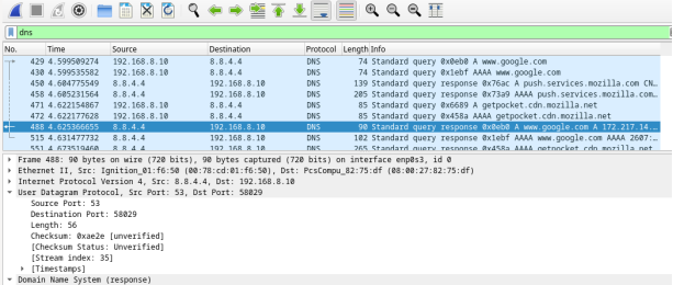 This screenshot displays the DNS response packet