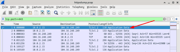 screenshot of the result with the filter tcp.port==443 applied