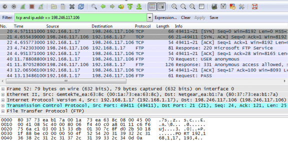 Wireshark screen shot with a tcp and ip address fliter applied