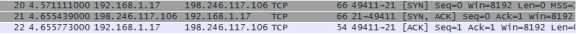 Screen shot of the three packets displaying the TCP three-way handshake