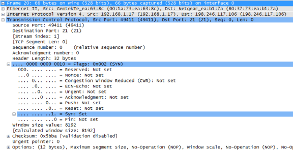 Wireshark screenshot displaying the middle section, the packets details pane, with the TCP datagram expanded