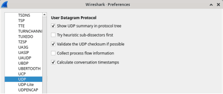 Screenshot of wireshark preferences with UDP highlighted.