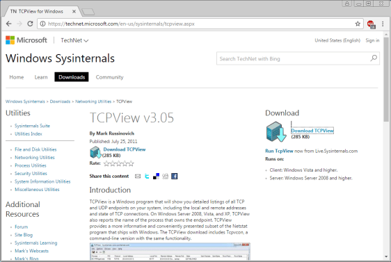 Screen shot of the web page to download TCPview