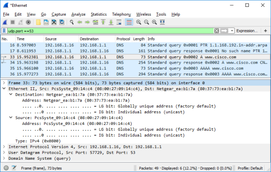 Wireshark screen shot of expanding the Ethernet II section in the bottom pane