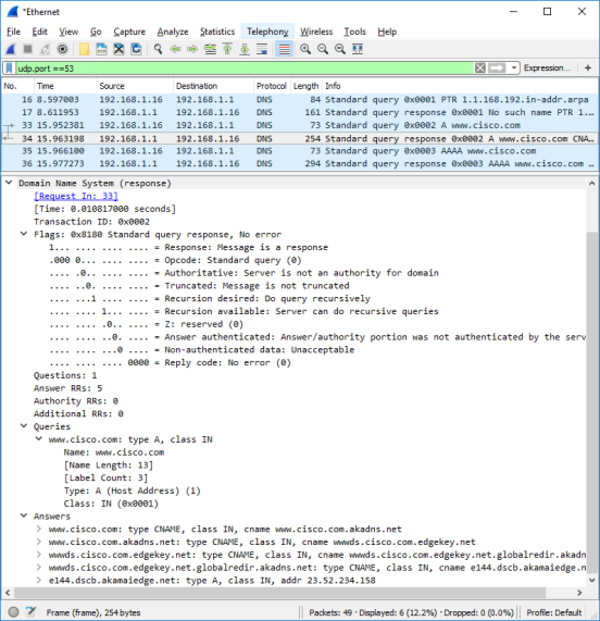 Wireshark screen shot with the highlighted DNS packet expanded in the bottom pane.