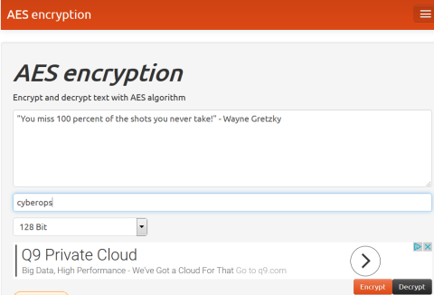 Screenshot of the AES encryption window with cyberops as the secret key.