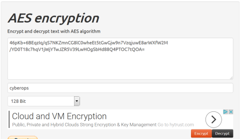 Screenshot of the AES encryption window with cyberops as the pre-shared secret key.