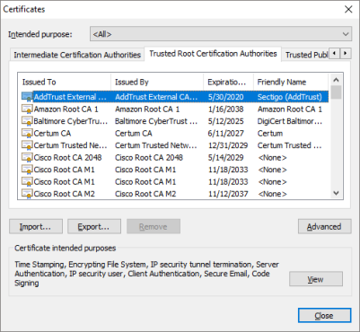 Screen shot of the Certificates window with the Trusted Root Certification Authorities tab selected.