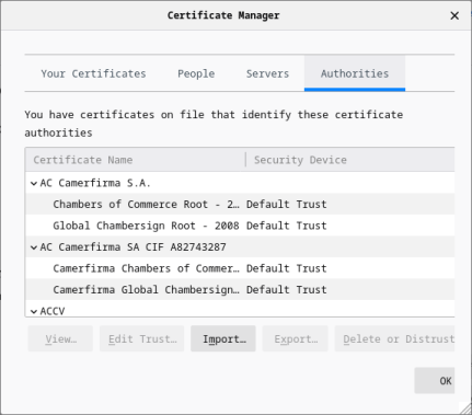 Screenshot of the Certificate Manager window with the Authorities tab selected.