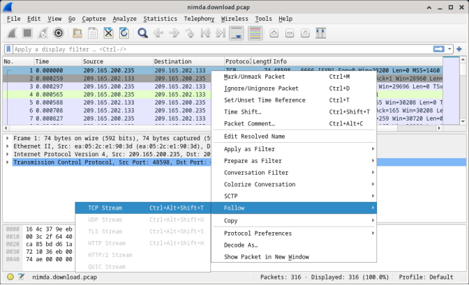 screenshot shows the nimda.download.pcap file with the first TCP packet selected and Follow TCP Stream option selected.