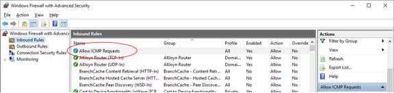 This screenshot displays the location of the Allow ICMP Requests rule in the Inbound Rules list.