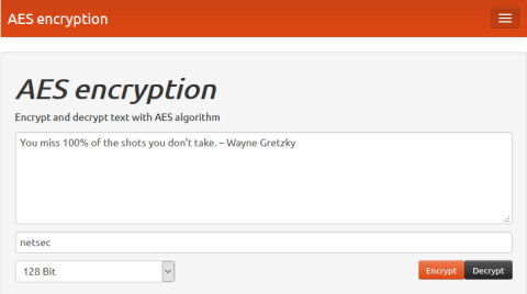 Screenshot of the AES encryption window with netsec as the secret key.