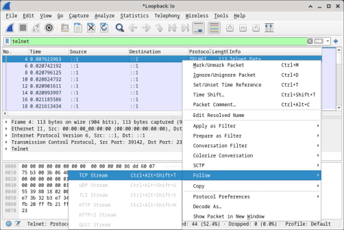 Wireshark screen shot of Follow TCP Stream option after right clicking on one of the telnet lines.