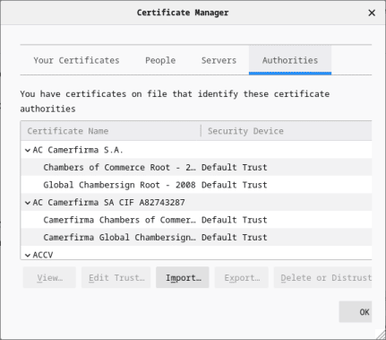 Screenshot of the Certificate Manager window with the Authorities tab selected.